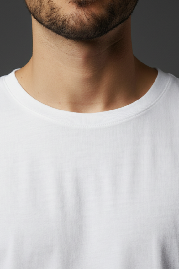 Round neck white tees close up neckline