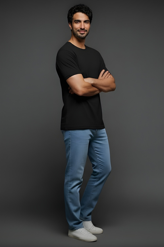 Black round neck tees for men