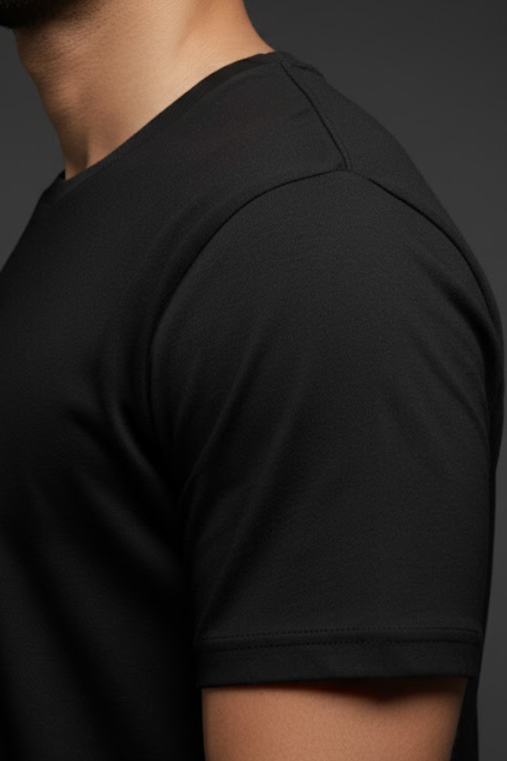 Black round neck half sleeve close up