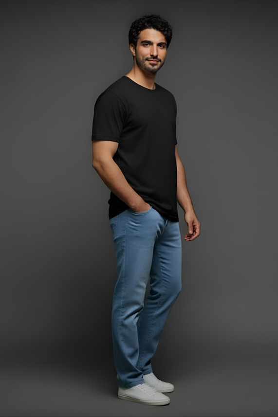 Black round neck t shirt side view