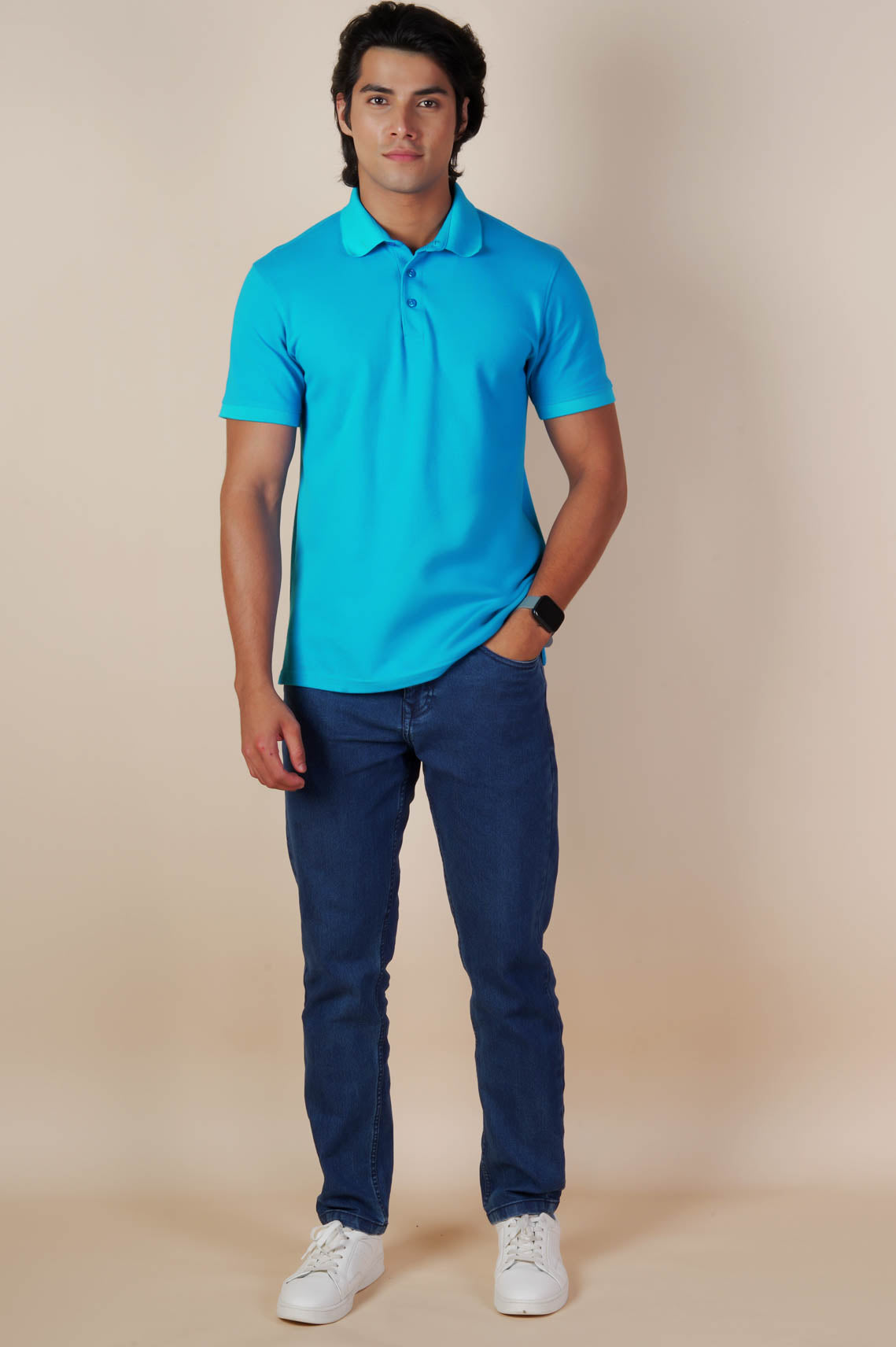 Cotton Polo Neck Cyan Blue Tees
