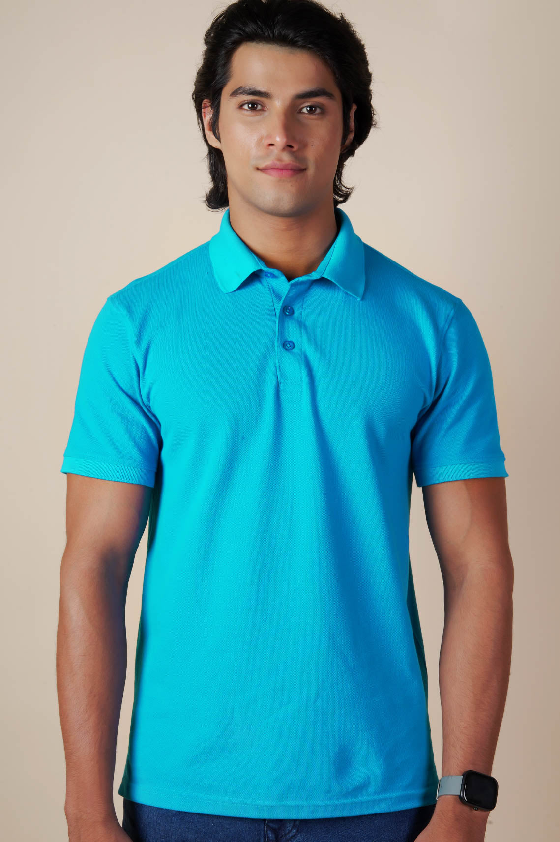 Cyan Blue Polo Neck T-Shirt For Men