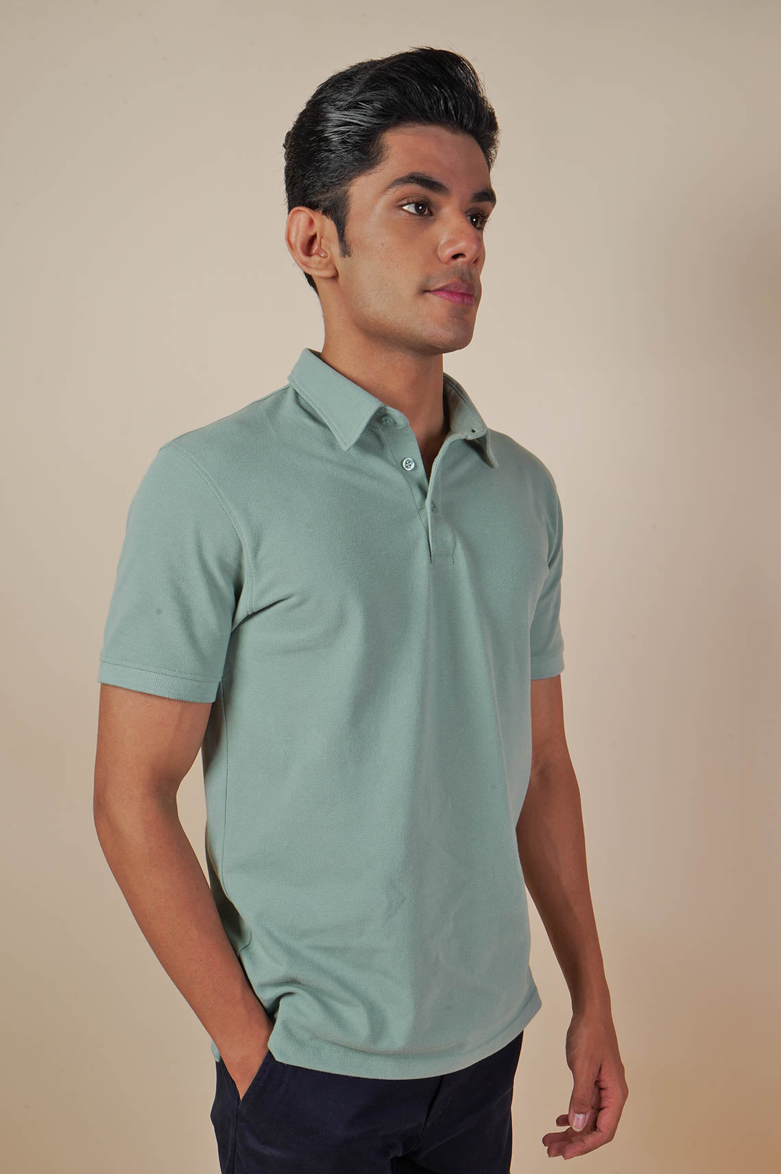 Breathable Pista Green T-Shirt With Collar