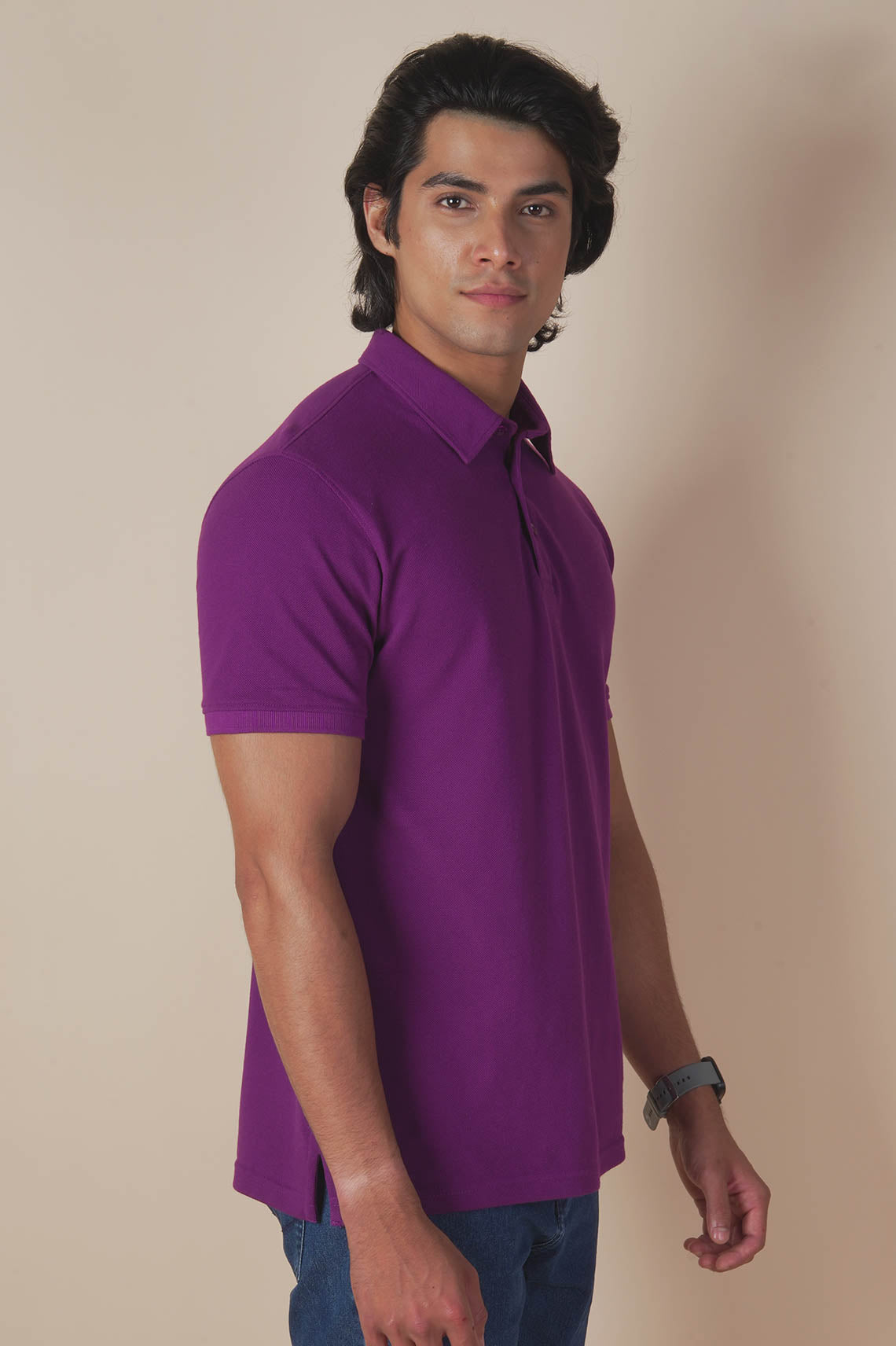 Plain Purple Cotton Polo Neck T-Shirt