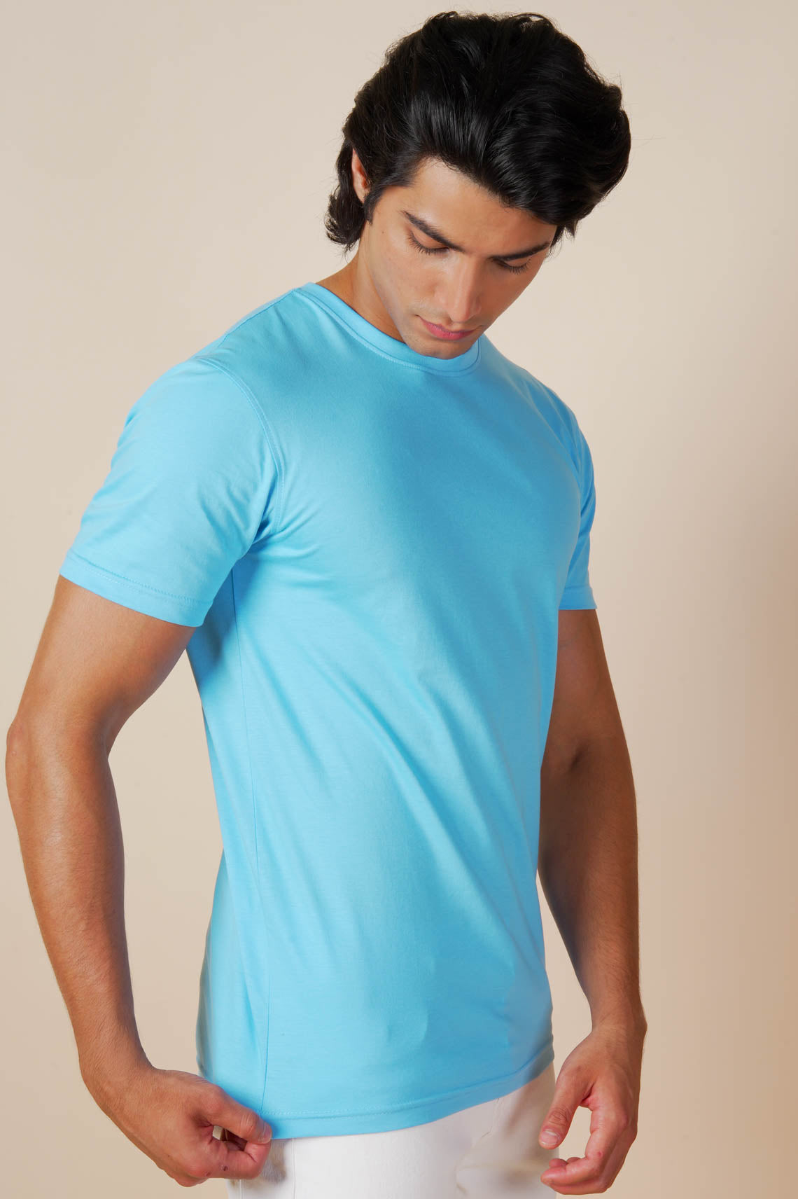 Round Neck Plain Blue Cotton T Shirt