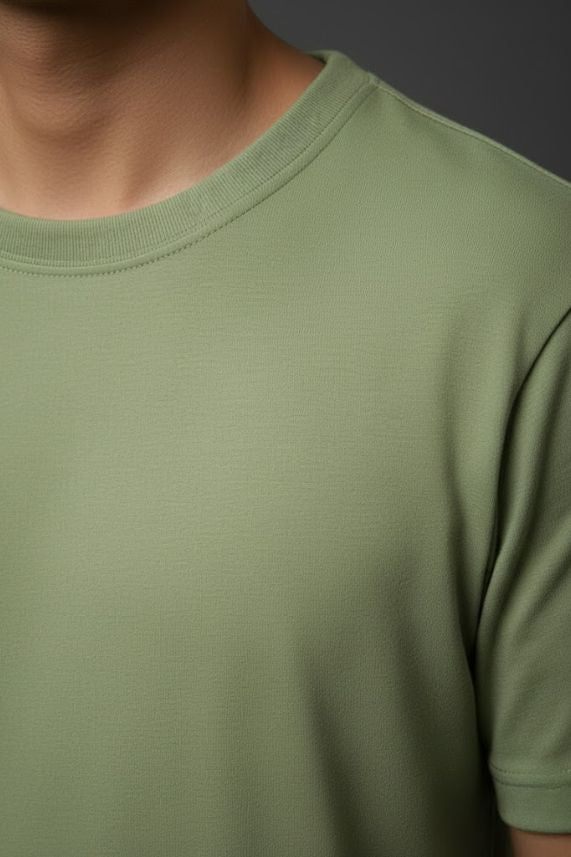Close up of olive green t shirt