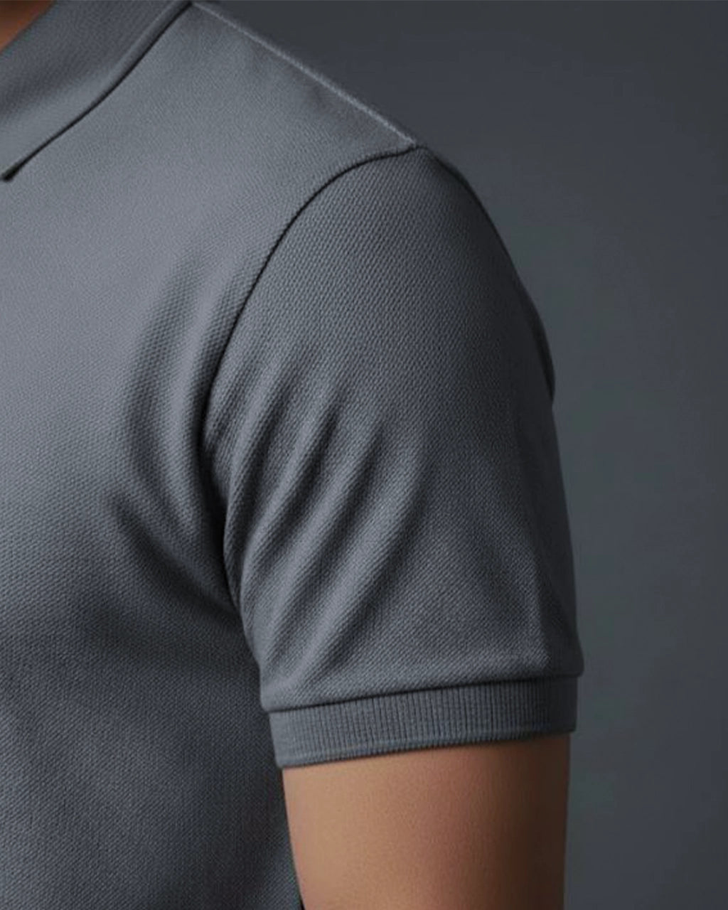Grey polo t shirt sleeve close up